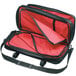 A red and black Mercer Culinary triple-zip knife case with two compartments.