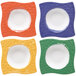 A set of GET Diamond Mardi Gras square melamine bowls in assorted colors with different designs.