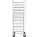 A Channel aluminum steam table pan rack on wheels.