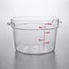 A clear plastic Cambro food storage container with measurements in red.