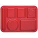 A red Carlisle 6 compartment tray with different shapes.