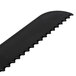 A black plastic Fineline bread knife with sharp edges.