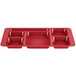 A red Cambro serving tray with six compartments.