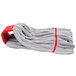A grey mop with red trim.