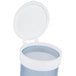 A frosted blue San Jamar wall mount cup dispenser with a white flip cap.