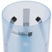 A clear San Jamar water cup dispenser with a blue flip cap on the bottom.