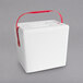 A white cooler with a red handle.
