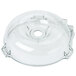 A clear plastic lid with a hole for a Robot Coupe stainless steel bowl.