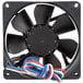 A black fan with white and blue wires.