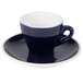 A close-up of a blue and white CAC Venice espresso cup on a saucer.