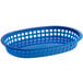 A blue plastic Tablecraft oval platter basket with holes.