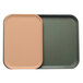 A dark peach rectangular tray insert on a green rectangular tray.