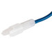 A blue and white cable with a white connector on the end.