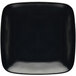 A black Elite Global Solutions square plate with rounded edges and a black rim.