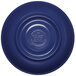 A blue Elite Global Solutions Rio melamine coffee saucer with a circular pattern and white rim.