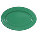 An Elite Global Solutions Rio Autumn Green oval melamine platter with a green surface and black border.