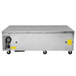 A stainless steel rectangular refrigerated chef base with wheels.