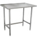 An Advance Tabco stainless steel work table with rectangular top and legs.