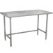 A rectangular stainless steel work table with legs.