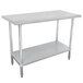 A white rectangular stainless steel work table with an undershelf.
