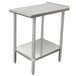 A stainless steel Advance Tabco filler table with an adjustable undershelf.