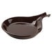 A brown ceramic Tuxton fry pan server with a handle.