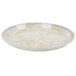 A white round Cambro fiberglass tray with a gold rim.