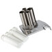 A Robot Coupe stainless steel feed head with four white plastic tubes.