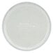 A white round Cambro cafeteria tray with a white rim and text in the center.