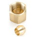 A brass threaded nut with a small nut on a white background.