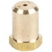 A brass threaded nut with a gold metal cylinder with a hole.