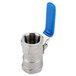 A stainless steel ball valve with a blue handle.