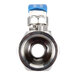 A stainless steel ball valve with a blue handle.
