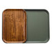 A Cambro Java Teak tray with wood grained inserts.