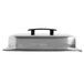 A silver stainless steel rectangular cover with a black handle.