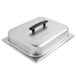A silver rectangular stainless steel lid with a black handle.
