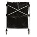 A black Rubbermaid laundry cart on wheels with a handle.