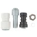 A group of three white plastic fittings and a nut, including a white plastic pipe with a hexagon.