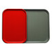 A red rectangular Cambro tray with a silver border.