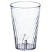 A clear plastic tumbler with a curved design.