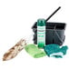 A white bucket with a Dusting Starter Kit including cleaning supplies and a brush.
