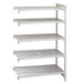 A white Cambro Camshelving® Premium vented add on shelf with four shelves.