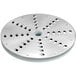 A stainless steel circular disc with holes.