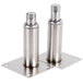 Two stainless steel metal plates with two holes.
