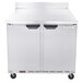 A silver stainless steel Beverage-Air worktop freezer with two doors.
