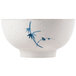 A white melamine bowl with blue bamboo designs on it.