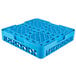 A blue plastic Carlisle glass rack with 36 compartments.