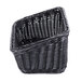 A black plastic cascading basket with a curved edge.