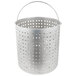 A stainless steel Vollrath fryer basket with holes.