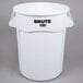 A white Rubbermaid Brute 44 gallon trash can with lid and black text.